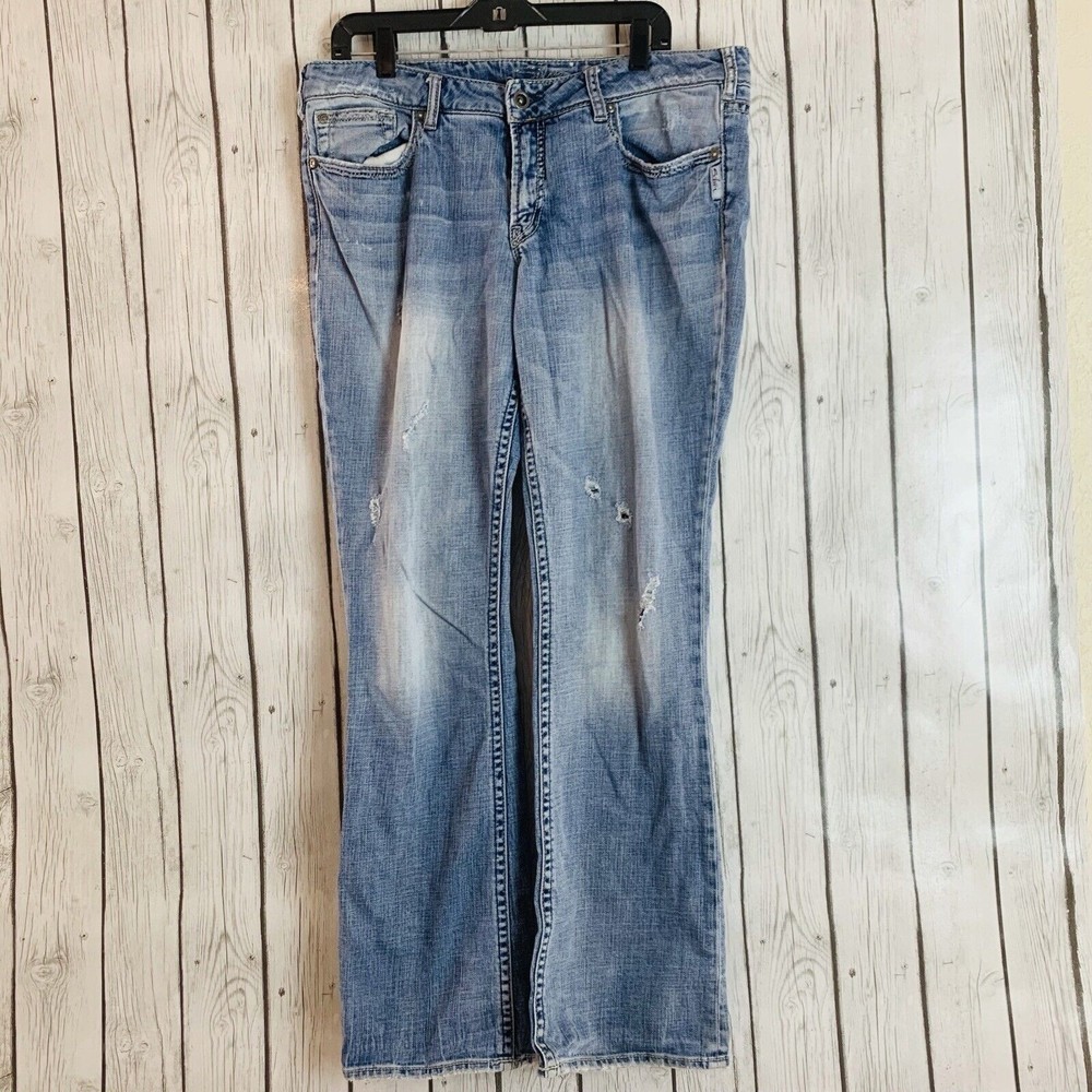Womens Silver Jeans Co Distressed Embroidered Flap Pockets Blue Pioneer Size 16
